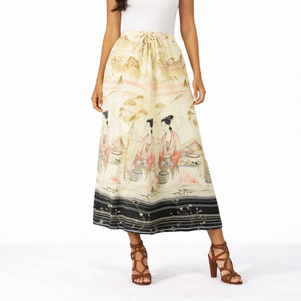 70s Japanese Scenic Print Maxi Skirt Kimono Novelty Print Womens M Vintage Skirt